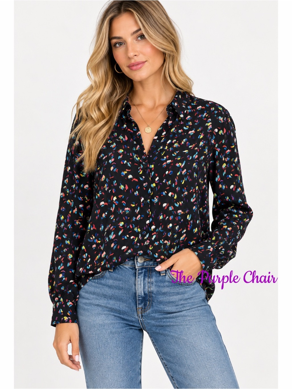 NWOT Cabi Long Sleeve Confetti Print Button Down Blouse L